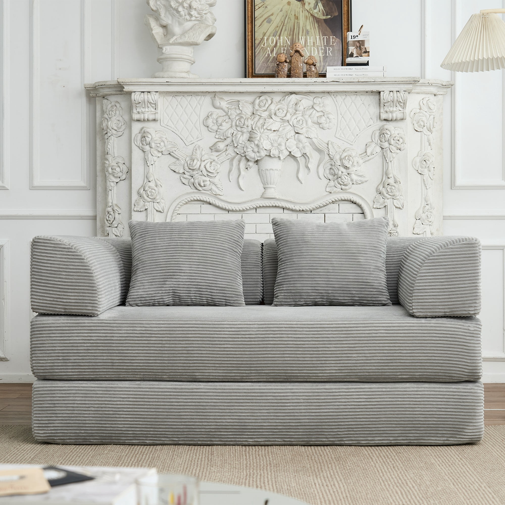 BSHTI 59" Corduroy Convertible Sleeper Sofa Bed with Cylindrical Pillow, No Assembly, Small Space for Living Room（Light Gray）
