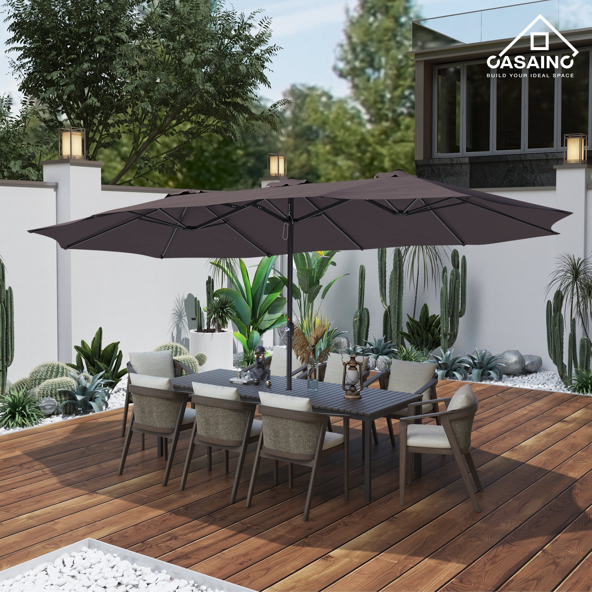 CASAINC 15 ft. Steel Market Patio Umbrella Double-Sided Twin Large Patio Umbrella with Base in Coffee