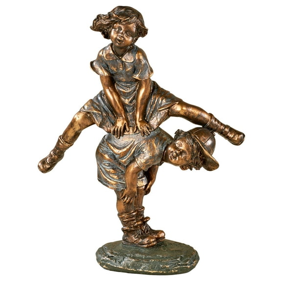Leap Frog Boy and Girl Playing Children Tabletop Collectible Figurine Gold Bronze 8.5"Wx4"Dx11"H
