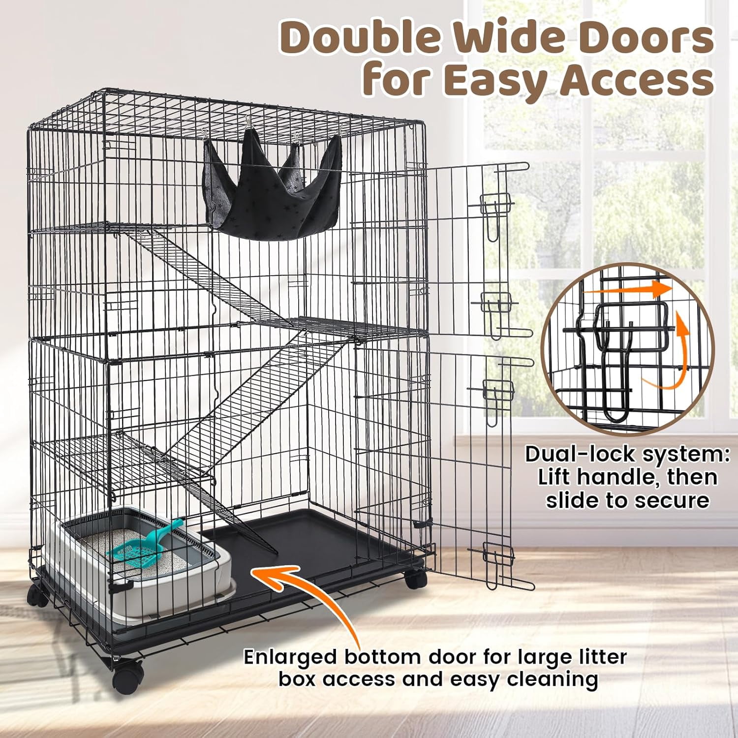 Homey Pet 51 Inch Cat Cages Indoor, Large 4-Tier Cat Crates for Indoor Cats, Collapsible Metal Wire Cat Enclosures Big Kennel for Adult Cats Kitten  with Hammock, Ladders, 360° Wheels