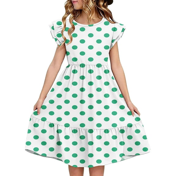 Avrntaa Summer Girls' Casual Swing Dress Short Sleeve Ruffle Trim A-Line Midi Dress Crewneck 5-14Y