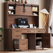 Aukfa Farmhouse Computer Desk with Hutch & Charging Station, Home Office Executive Desk, Sliding Barn Doors and 5 Drawers,Walnut