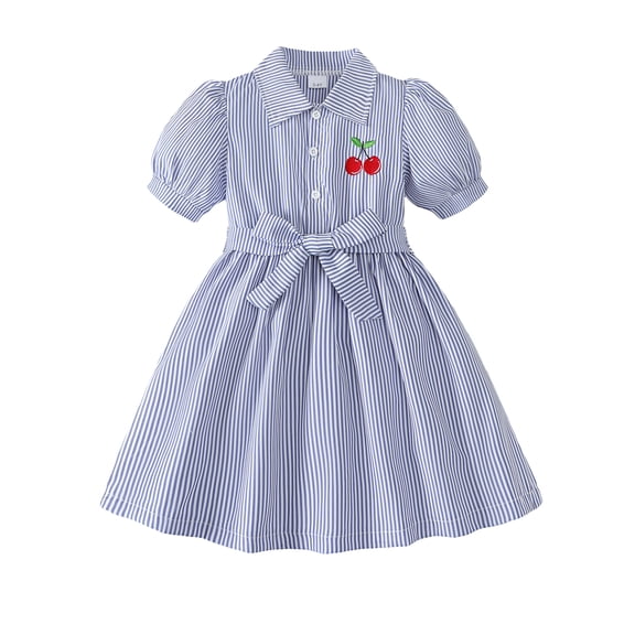 Kids Girls Clothes Big Girls Stripe Dress 7Y Girls Summer Dress 8Y Girls Short Sleeve Dress Solid Color Dress Dark Blue