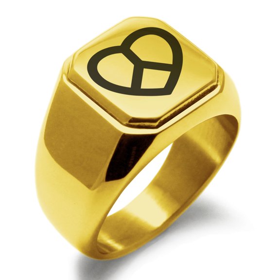 Stainless Steel Peace & Love Engraved Square Flat Top Biker Style Polished Signet Ring