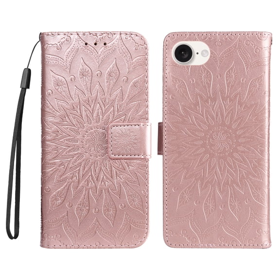 Allytechgroup for iPhone 16e/ iPhone 17e Case Wallet, Sunflower Embossed PU Leather Flip Cover Stand Hand Strap Shockproof Stylish Cards Slots Phone Case for iPhone 16e/ iPhone 17e, Rosegold