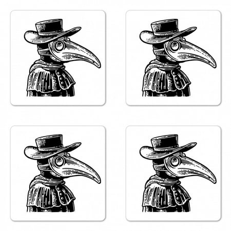 

Halloween Coaster Set of 4 Horror Art Plague Doctor Character in Monochrome Engraving Style Square Hardboard Gloss Coasters Standard Size Charcoal Grey and White by Ambesonne