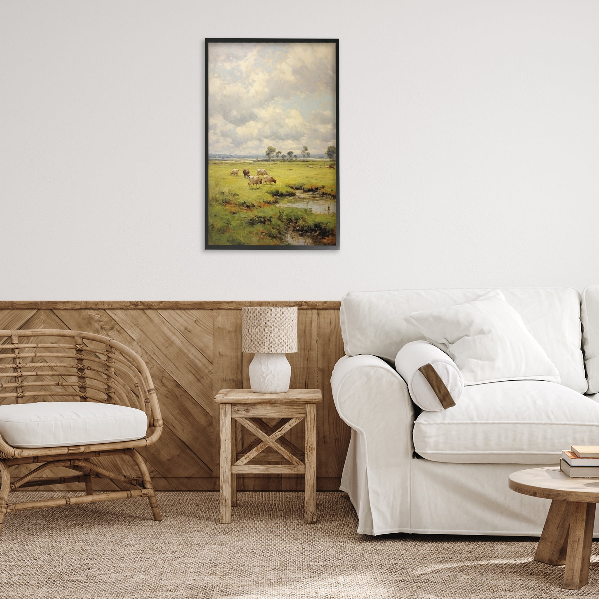Stupell Industries Grazing Cows Countryside Landscape Painting Black Framed Art Print Wall Art, 20 x 30