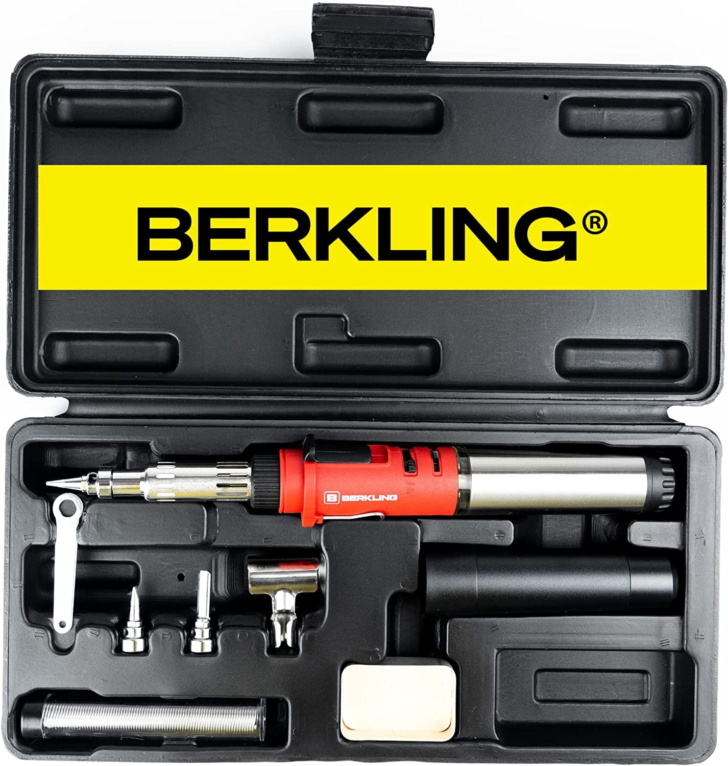 Berkling Premium Butane Soldering Iron - Portable Cordless Welding Micro Solder Torch Heat Gun, 3 Pro Grade Tips, 15g 60/40 Rosin Core Solder Wire, Mini Wrench, Sponge