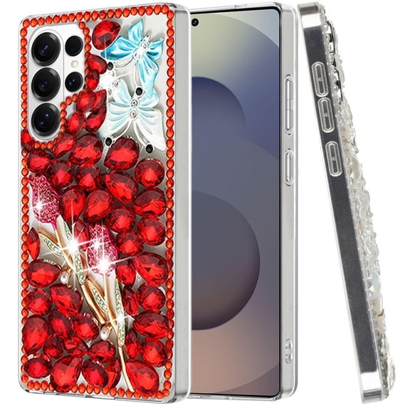 For Samsung Galaxy S26 Ultra Phone Case, Bling Crystal 3D Full Diamonds Luxury Sparkle Rhinestone Hybrid Protective Cover for Galaxy S26 Ultra - Red Exquisite Garden