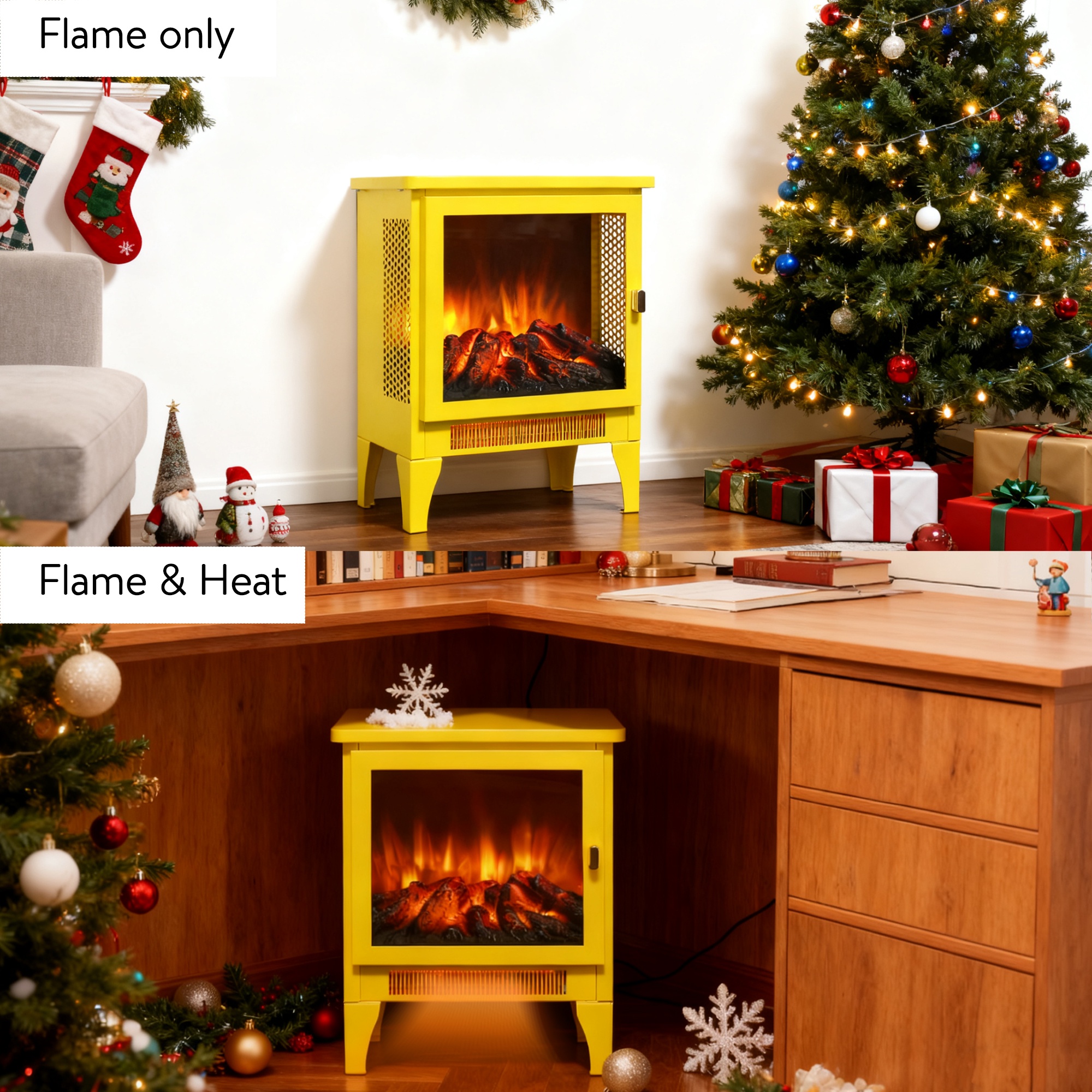 Electric Fireplace Heater, Legahome 16'' Freestanding Fireplace Heater Stove, 3D Realistic Flame Effects, Adjustable Brightness and Heating Mode, Overheat Protection, CSA Certified, Yellow