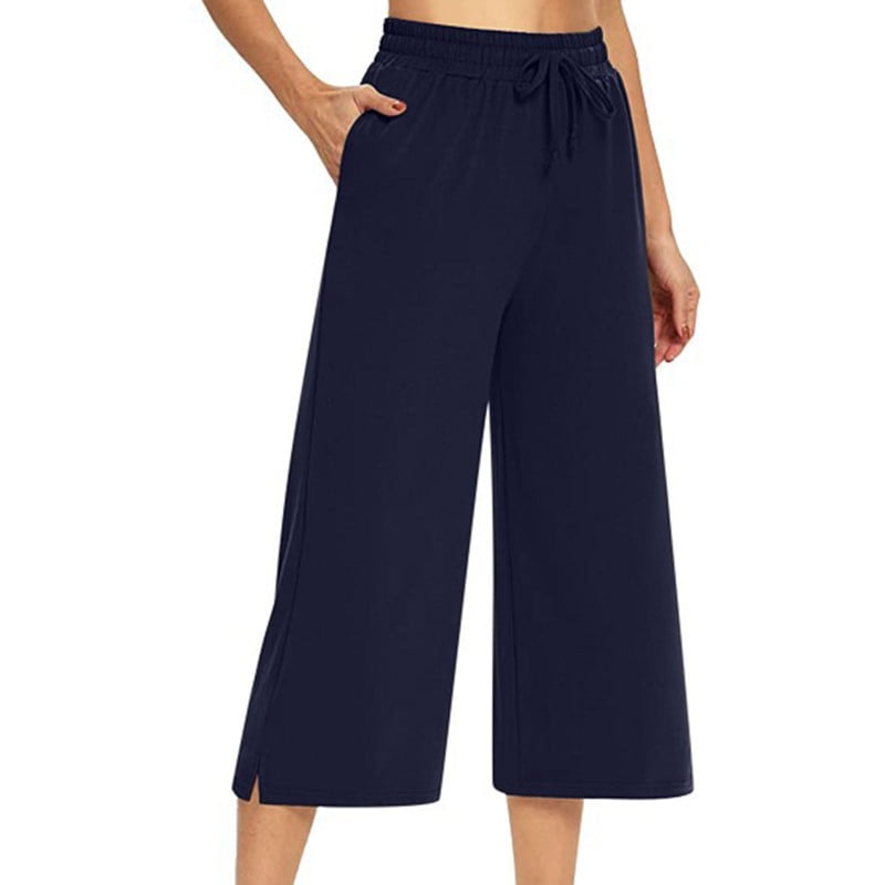 Flmtop Wide Leg Solid Color Soft Drawstring Pockets Elastic Waist Women  Capri Pants for Daily Life