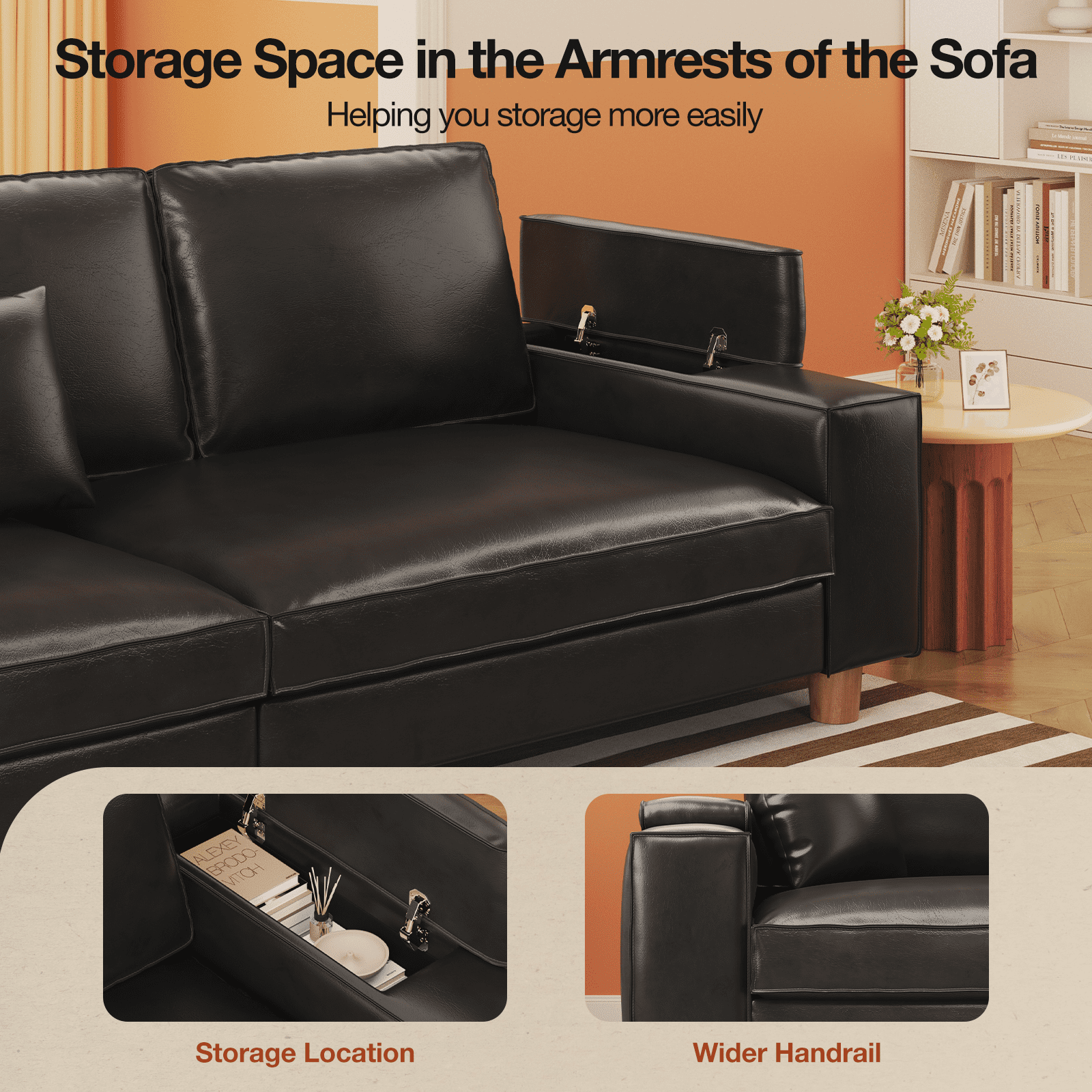 101" Large PU Leather Sofa Couch, Spring Cushion Modern Couch with 24" Extra Deep Seat, Wide Storage Armchair, Comfy Upholstered Oversized Loveseat (Includes 2 Pillows) for Living Room, Office, Black