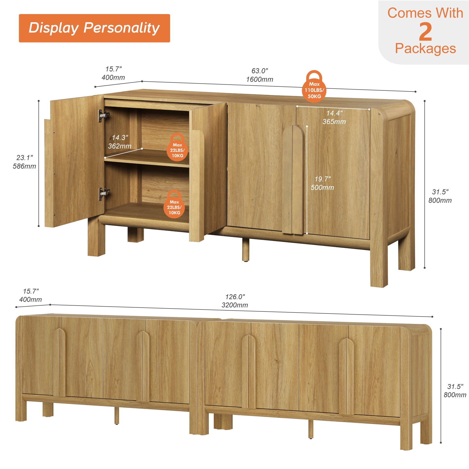 126" Accent Cabinet with 8 Doors and Adjustable Shelves, Modern Credenza Storage Cabinet with Curved Profile Design for Living Room, Kitchen, Dining Room, Hallway