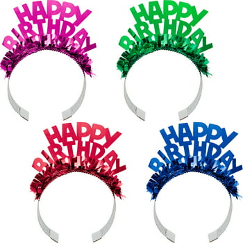 Way to Celebrate! Happy Birthday Foil Party Tiaras with Fringe, 4 Ct, Multicolor