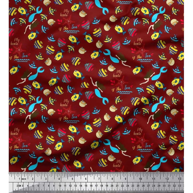 Soimoi Modal Satin Fabric Fish,Mermaid & Starfish Ocean Print Fabric by Yard 42 Inch Wide