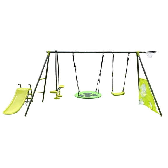 5 in 1 Outdoor Metal Swing Set with Basketball Hoop, Glider Swing, Heavy-Duty A-Frame Metal Outdoor Stand and Double Wall Slide, Metal Playset for Kids with Slide