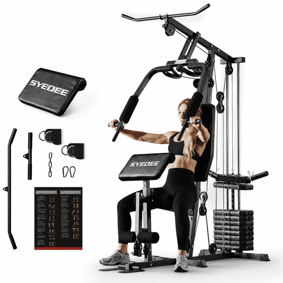 Syedee Multifunctional Home Gym System, Home Gym Station with 105LBS Weight Stack, All in One Workout Machine for Full Body Strength Training