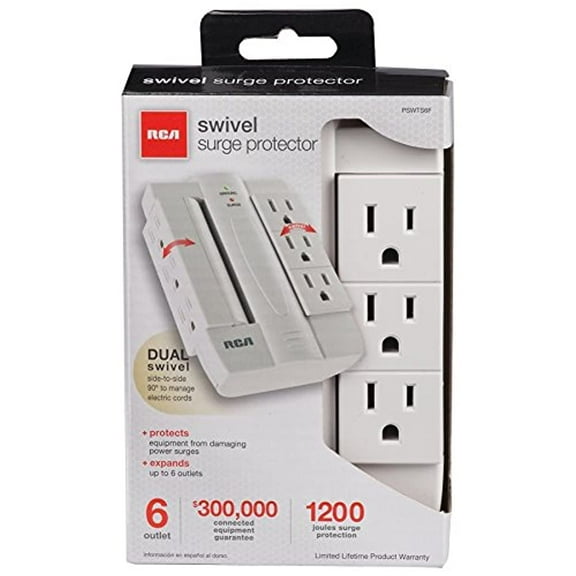 RCA PSWTS6F Wall Tap Surge Protector with 6 Swivel Outlets White