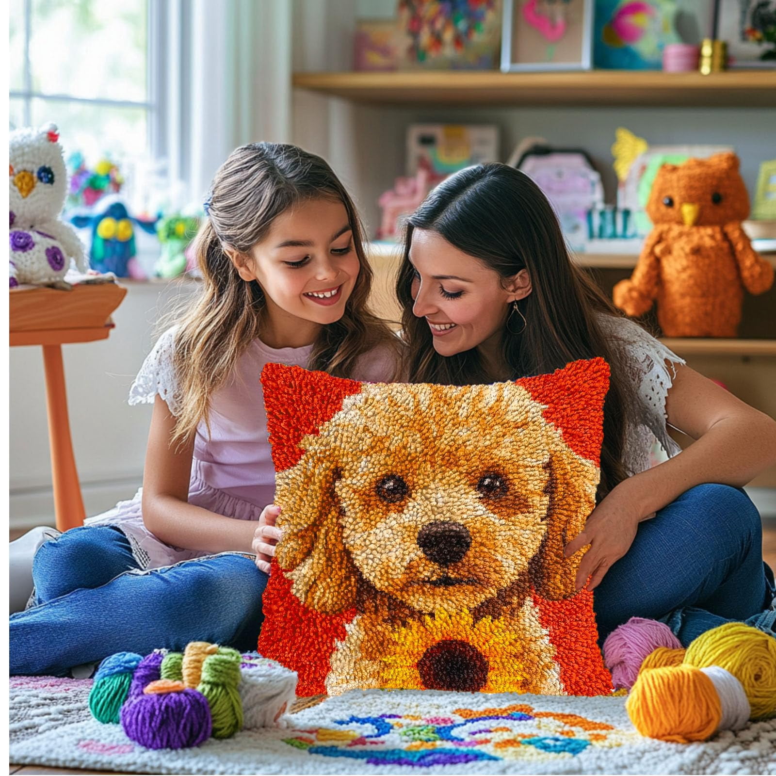 DIY Latch Hook Pillow Kits for Adults Poodle Dog with Sunflower Printed Pillowcase Crochet Yarns Hooking Handmade Pillow Cover Cushion for Home Sofa Decor 17x17inch-2