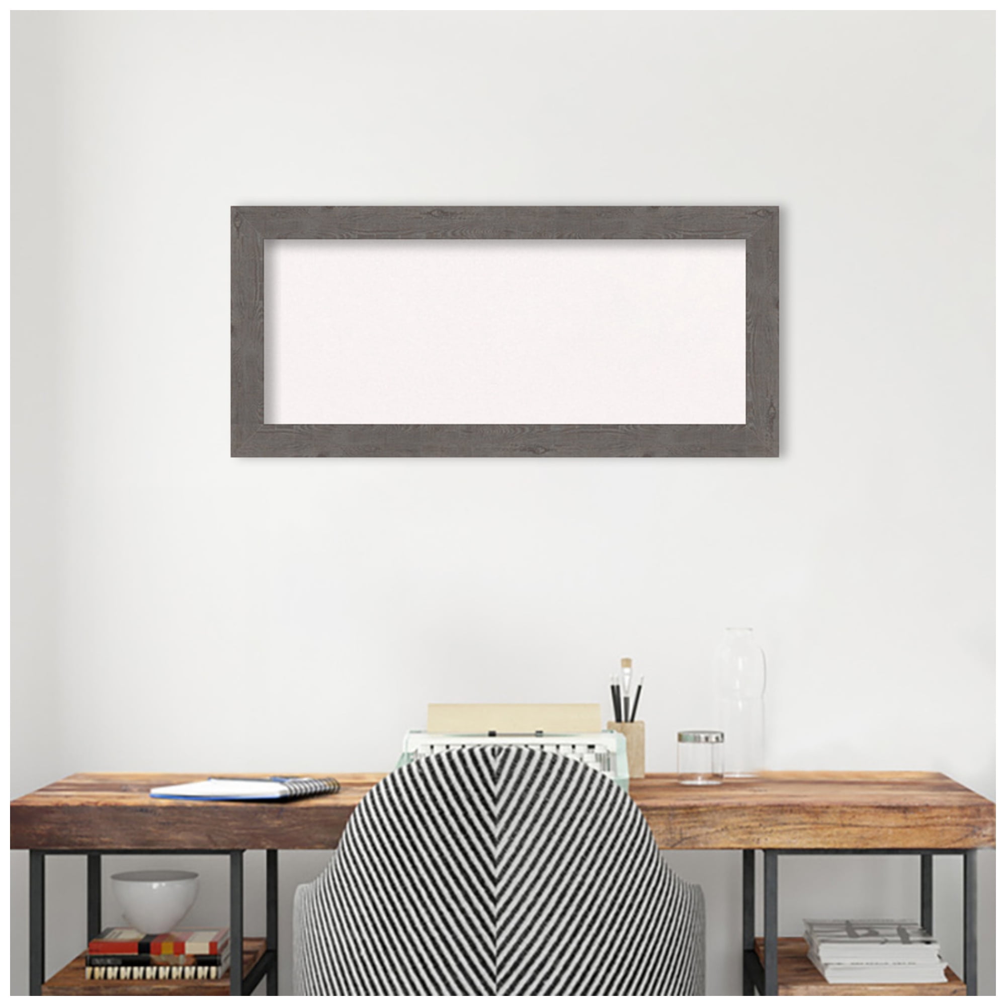 Amanti Art White Cork Board Framed Rustic Plank Grey Narrow Bulletin Board 33 in. x 15 in.