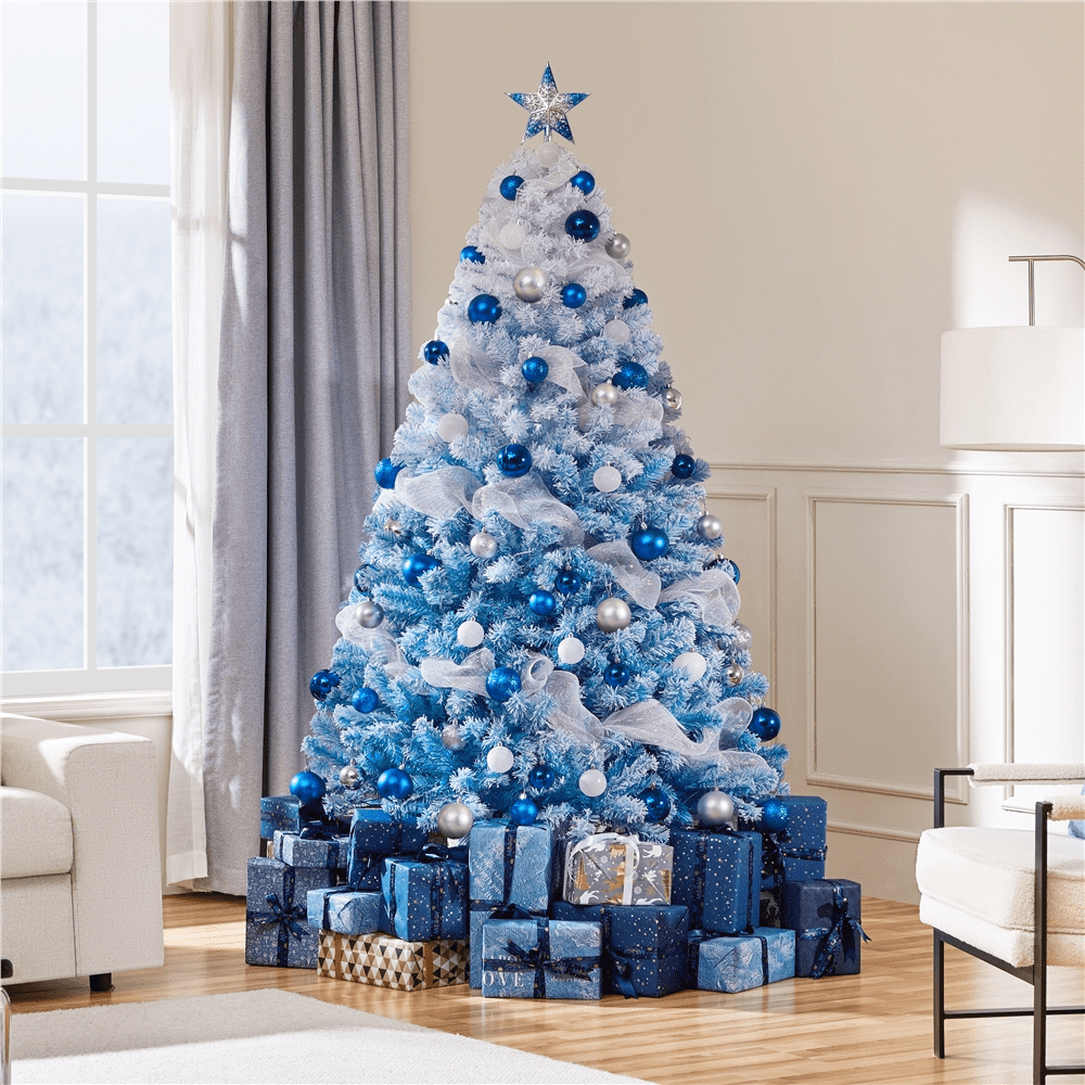 Alden Design 6 FT Artificial Snow Flocked Christmas Tree with 250 Lights, Lake Blue Gradient
