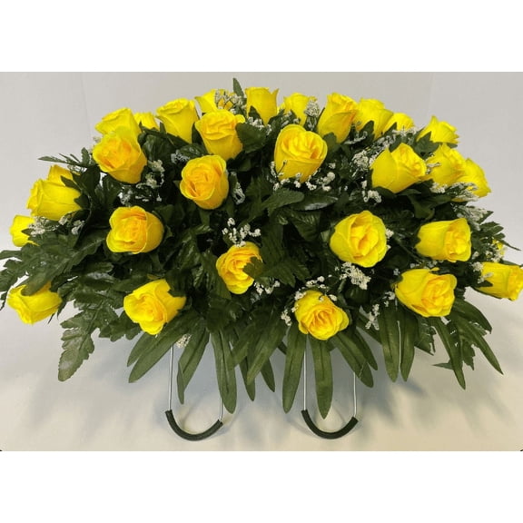 Door and Decor 20” Artificial Yellow Rose Cemetery Saddle Headstone Bouquet (2 Count)