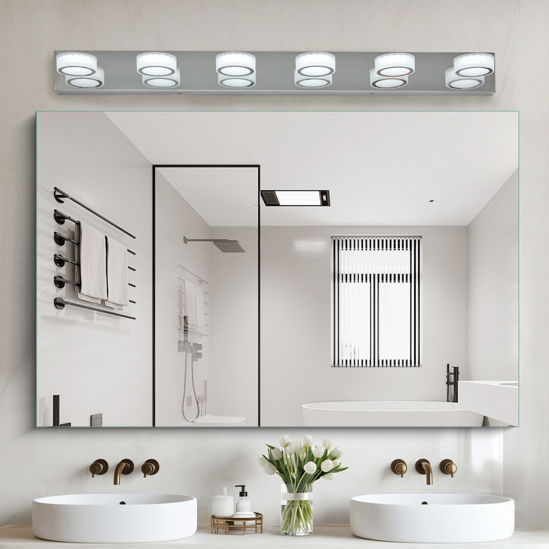 45" Modern 6-Light LED Vanity Light Fixture, Chrome Bathroom Lighting Over Mirror, Wall Mounted Dimmable Bathroom Vanity Lights for Makeup, Shower & Decor