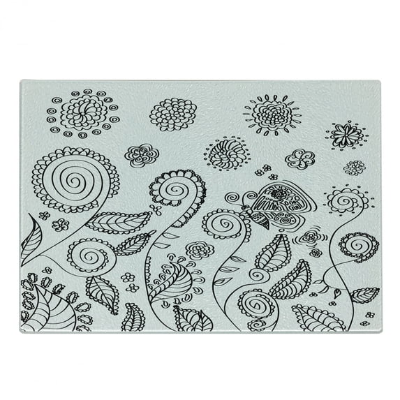 Floral Cutting Board, Doodle Style Circular Swirled Flower Petals Butterfly Leaves Curved Branches Design, Decorative Tempered Glass Cutting and Serving Board, Small Size, Black White, by Ambesonne