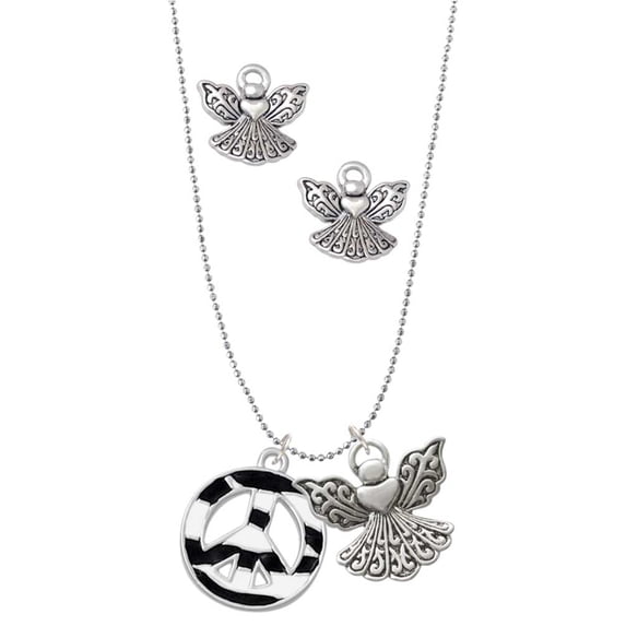 Delight Jewelry Silvertone Large Zebra Print Peace Sign Silver tone Guardian Angel Charm Necklace and Stud Earrings