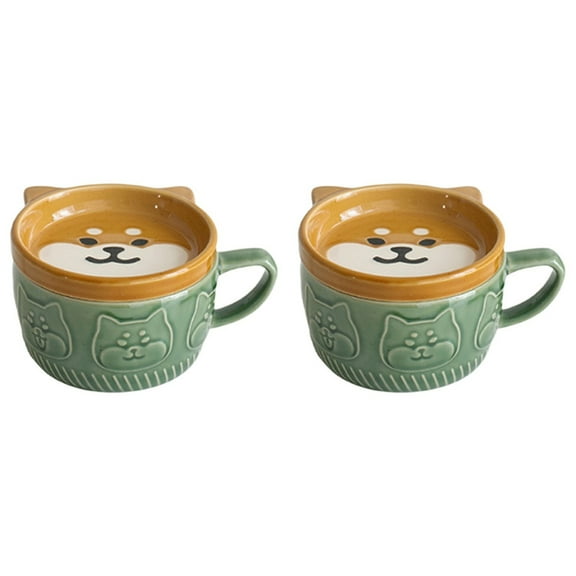 2X Japanese Cute Mug Ceramic Shiba Inu Panda Coffee Cup with Lid Home Couple Milk Breakfast Cup(Green),2 x mug,Green