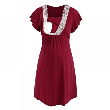 

[BRAND Clearance!]Women Nursing Nightgown Ruffled Short Sleeve V-neck Nursing Sleep Nightshirt Lace Trim Breastfeeding Sleepwear