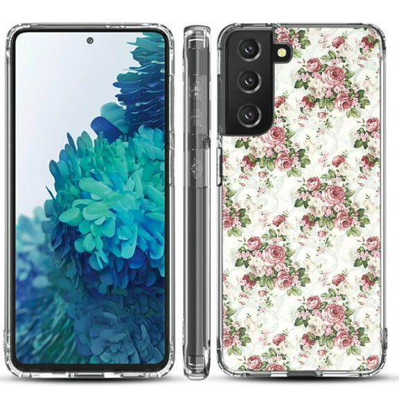 Shockproof Hybrid Bumper Phone Case for Samsung galaxy S21  5G / S21 Plus 5G, by OneToughShield ® - Floral/Rose