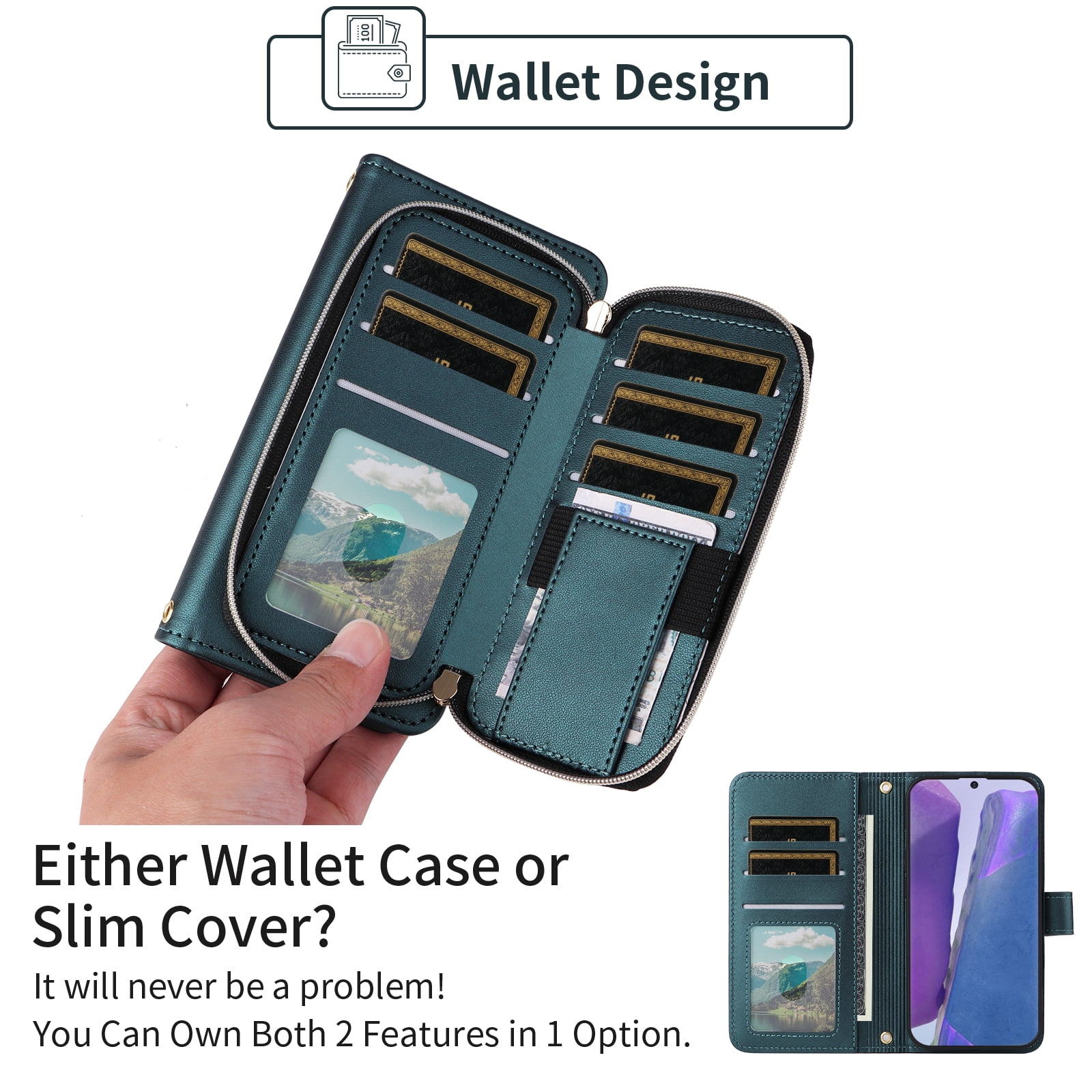 Furiet Wallet Case for Samsung Galaxy Note 20 5G with Wrist Strap, Shoulder Strap, Card Slots Zipper Purse, Luxury PU Leather Stand Cell Phone Cover for Note20 Notes 20s Twenty Not S20 Women Green
