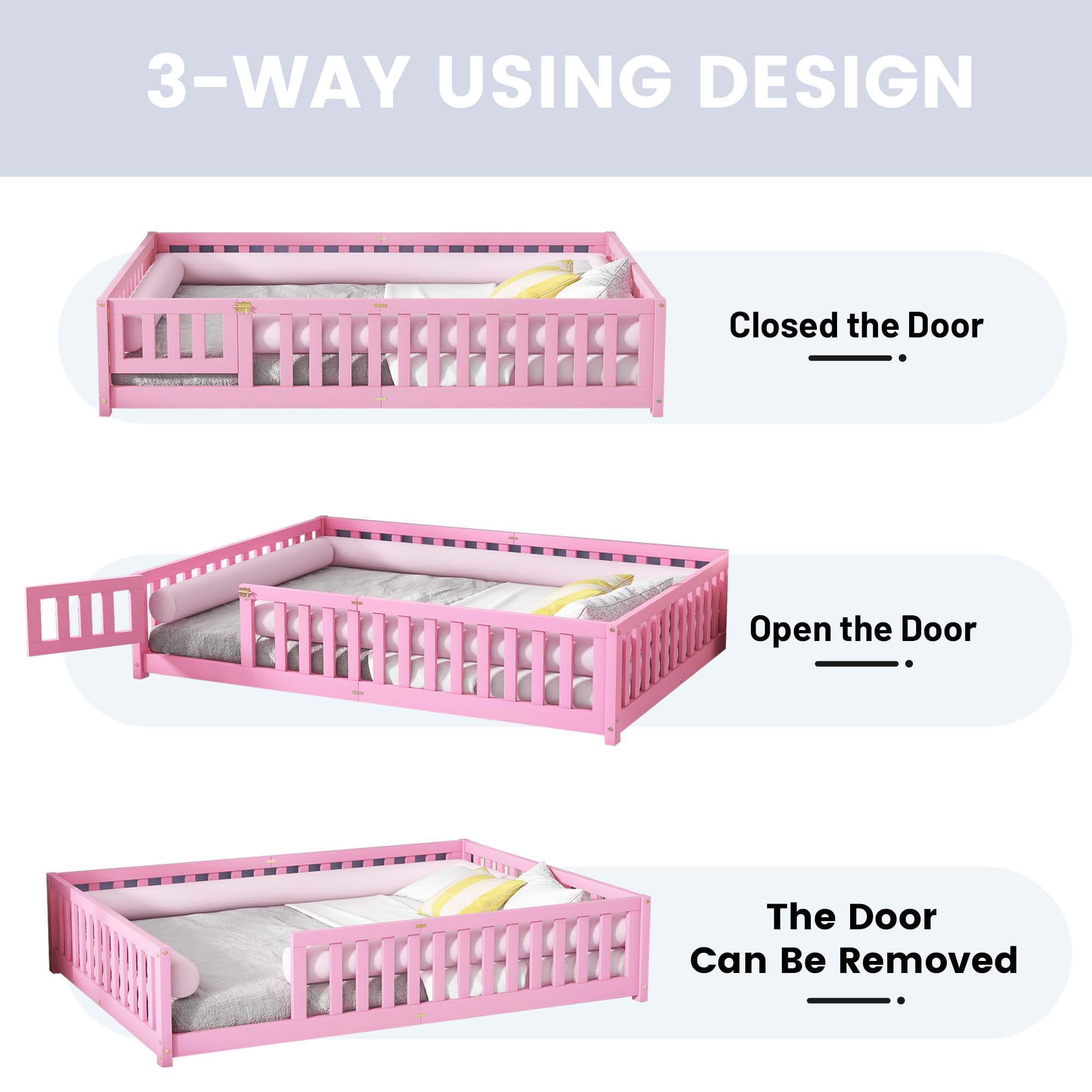 Miniyam Queen Size Toddler Floor Bed with with Safety Guardrails, Pink