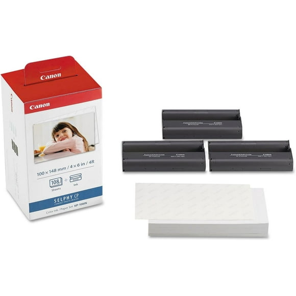 Canon KP-108IN Color Ink & Photo Paper Set, 108 Sheets with 3 Ink Cartridges for SELPHY Printers (International Model)