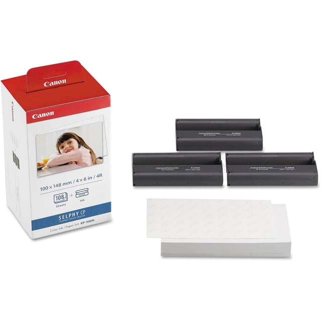 Canon KP-108IN Color Ink & Photo Paper Set, 108 Sheets with 3 Ink Cartridges for SELPHY Printers (International Model)