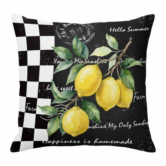 Throw Pillow Covers, Summer Lemons 24x24 Pillow Covers for Couch/Sofa/Bed, Vintage Botanical Fruit Branch Black Plaid Decorative Square Linen Cushion Pillowcase for Home Decor