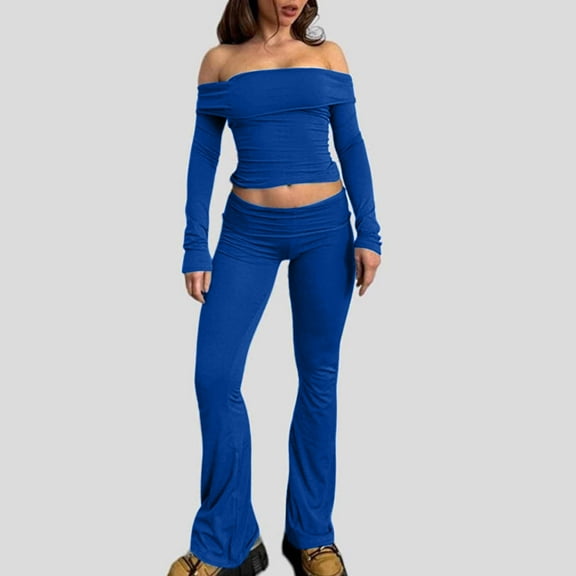 successthop 2 Piece Lounge Set Women Solid Color Croped Off Shoulder Long Sleeve Shirts and Flared Leggings Basic Travel Pajamas Lounge Set Loungewear Summer Outfits