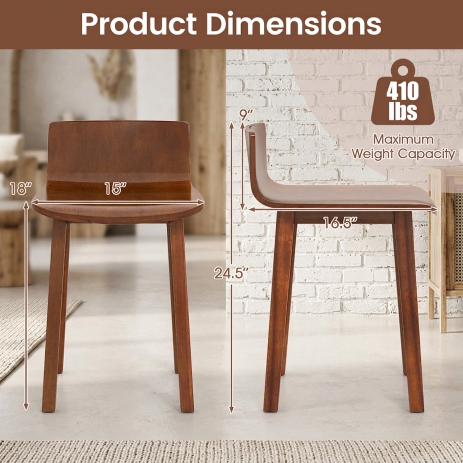 Furnibear Wood Dining Chair Set of 2 Farmhouse Kitchen Dining Room Chairs Mid-Century Modern Armless Side Chairs for Kitchen Dining Room, Brown