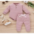 thumbnail image 2 of OUSITAID Baby Gitls Boys Waffle Plaid Clothes Fashion Solid Color Waffle Button Long Sleeve Romper and Tie-up Trousers, 2 of 8