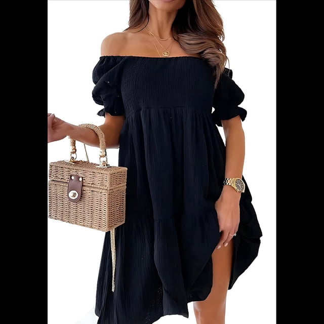 Vestidos de Verano para Mujer con Mangas Farol, Volantes y Hombros Descubiertos. Negro M