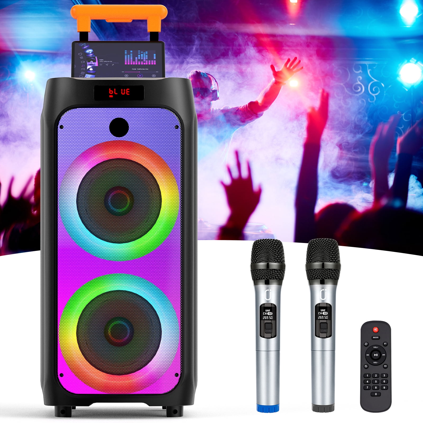 JYX Karaoke Machine with 2 Microphones, 500W Large Bluetooth Speaker with Wheels, Dazzling Party Light