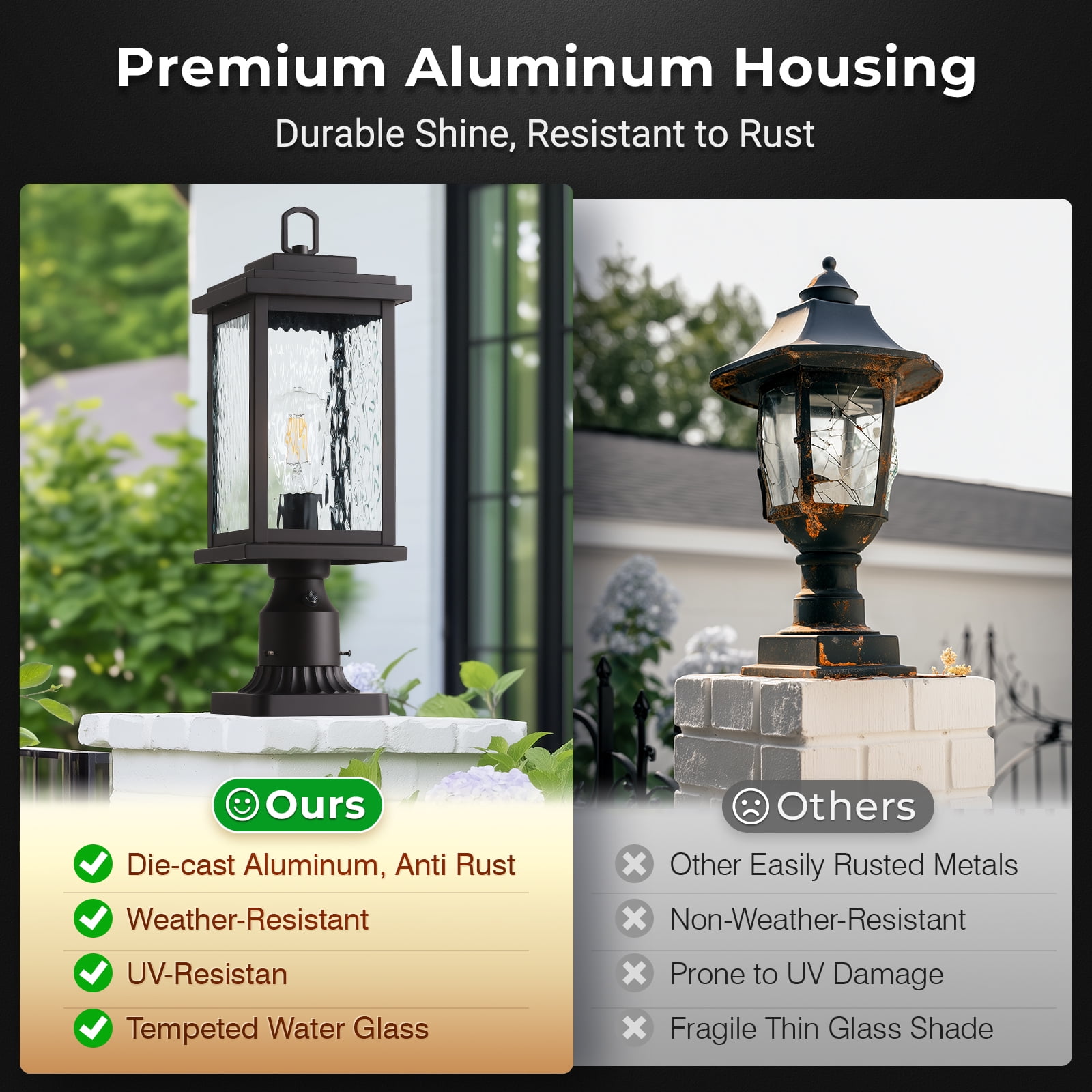 VIANIS Large Dusk to Dawn Outdoor Post Lights, Oil Rubbed Bronze Hardwired Waterproof Outside Lamp Post with Pier Mount Base, 3-inch Aluminum Post Light with Tempered Glass for Garage, Garden