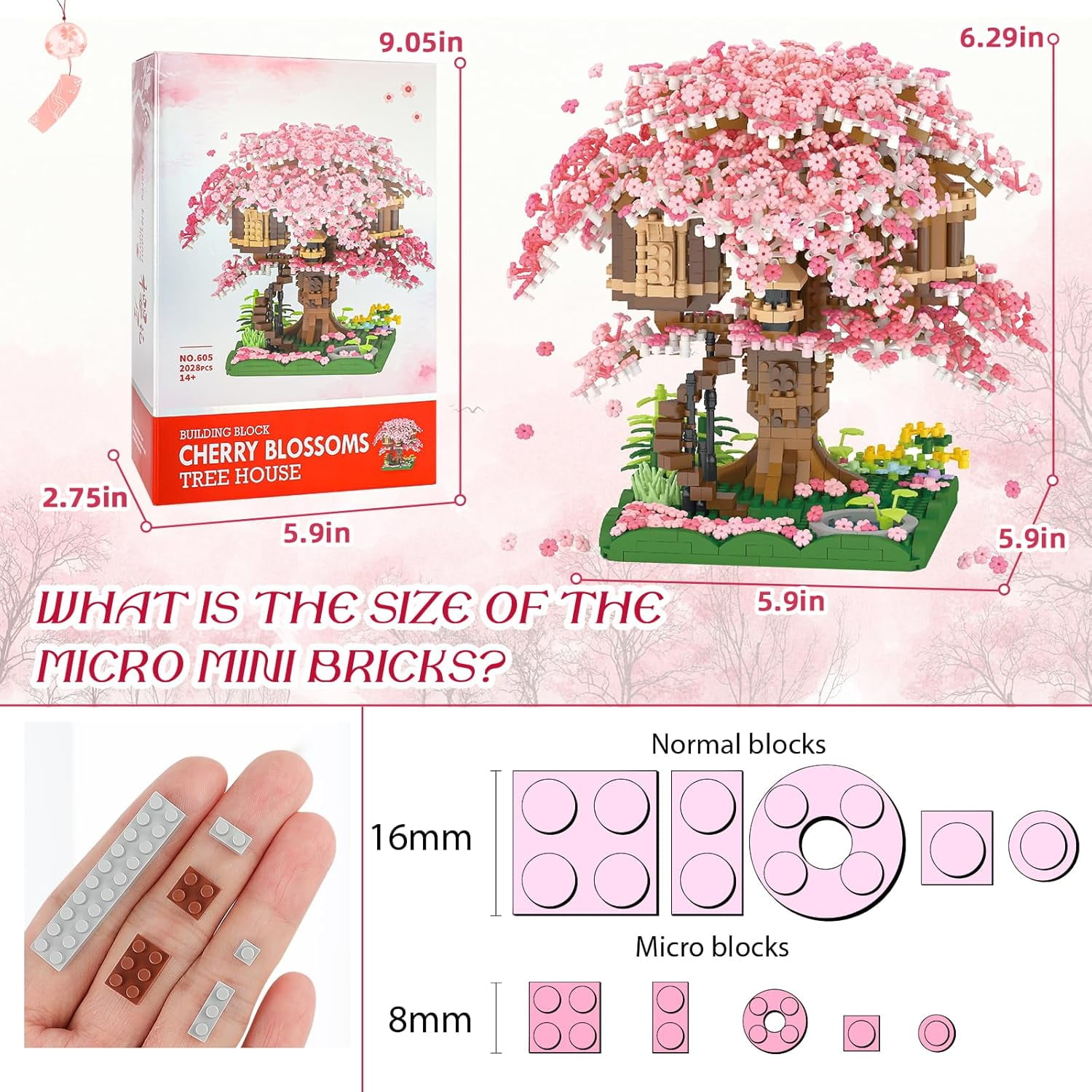 Cherry Blossom Bonsai Tree Mini Micro Building Set, Japanese Sakura Tree House Model Sets for Adults, Flowers House Mini Bricks Building Kit, Creative Gift Toys for Kids 12-14