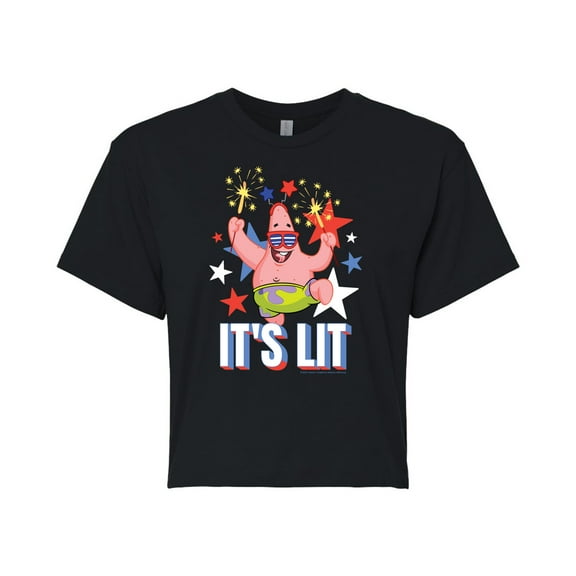 SpongeBob SquarePants - Lit Fireworks Patrick - Juniors Cropped Cotton Blend T-Shirt