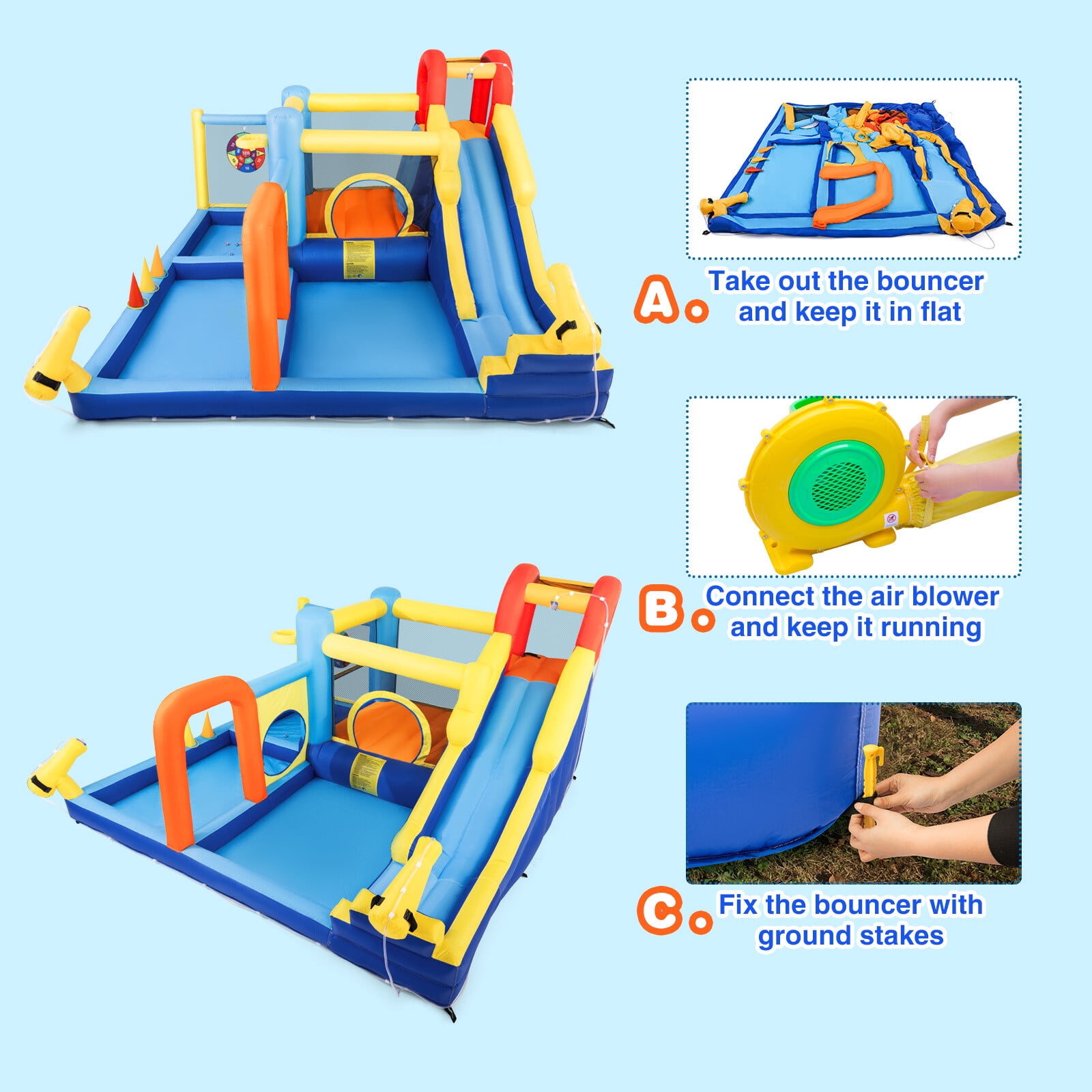 COSVALVE Kids Inflatable Water Slide Bounce House Jumping Climbing Playhouse with Splash Pool,Basketball Hoop,Water Cannons,550W Air Blower Indoor/Outdoor