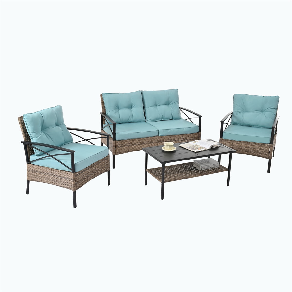 HighSound Patio Furniture Set, 4 Piece Outdoor Patio Conversation Set, All-Weather PE Rattan Wicker Sectional Patio Sofa Set with Coffee Table, Light Blue Cushions