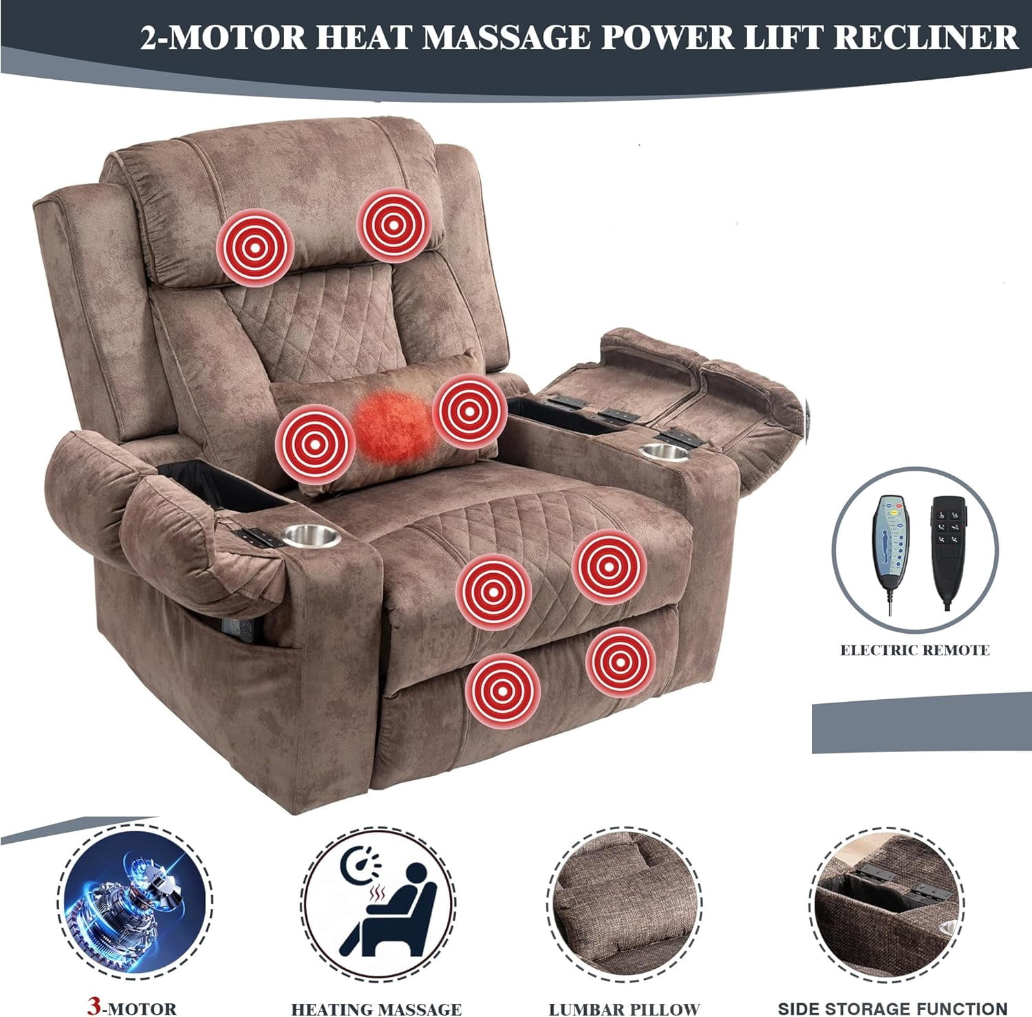 Big Man Power Lay Flat Lift Chair Oversized Recliner Dual Motor Heat Vibration for Elderly, Overstuffed Electric Extra Wide Recliners with Flip Arm Storage Cup Holders,USB Type C Charging