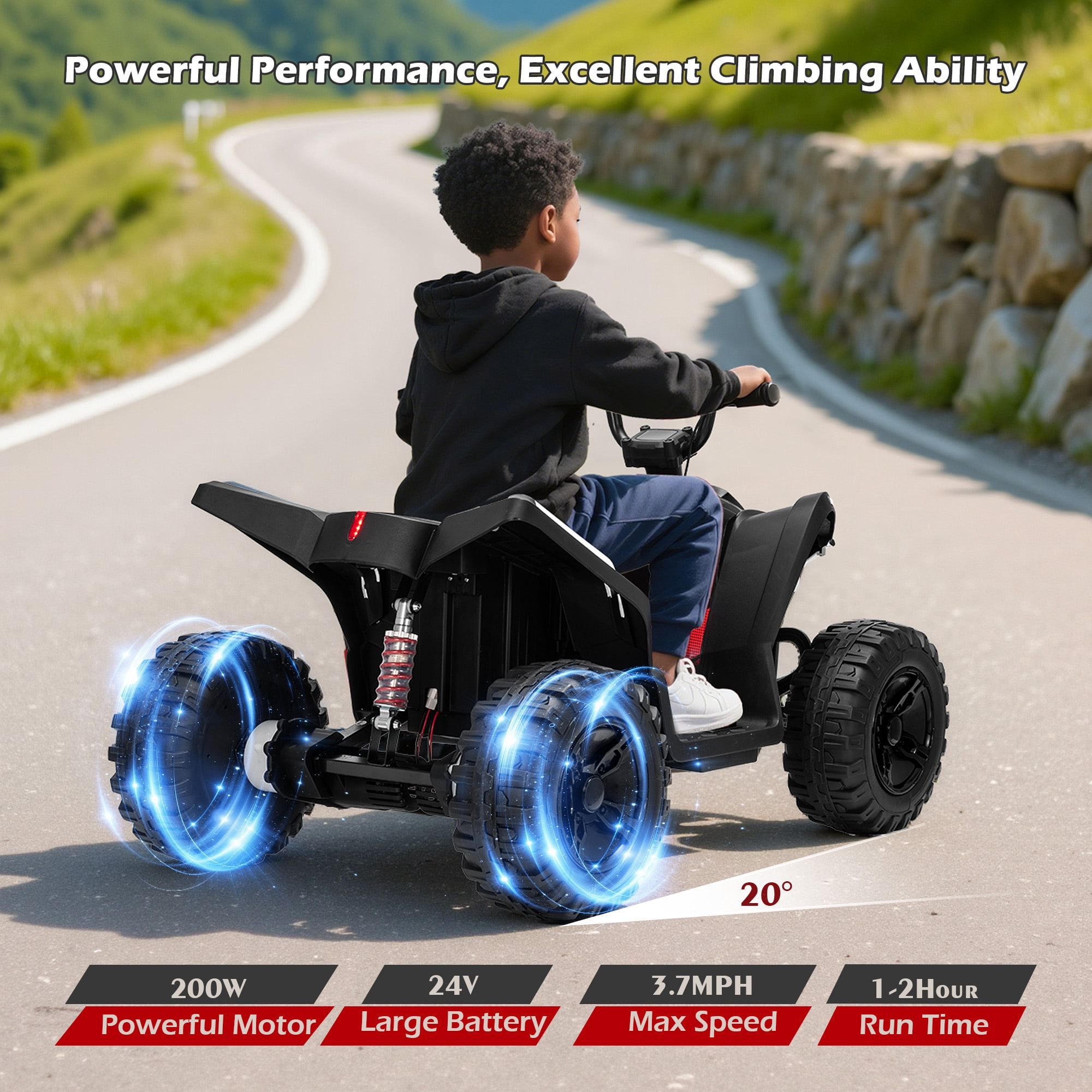 Letsgokid Kids ATV 4 Wheeler, 24V 2 Seater Electric ATV Ride On Toy for Big Kids with 110lb Weight Capacity, 200W Motor, 3.7Mph Max Speed, Spring Suspension, LED Lights, Music