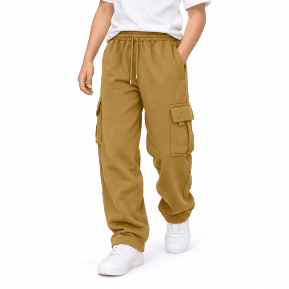 Khaki Cargo Sweatpants for Boys size 8-10, Drawstring Elastic Waist Kids Jogger Pants with Pockets School Outdoor Active Wear